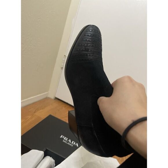 PRADA black suede leather western mid calf heeled boot size 35.5 US 5.5 - Picture 3 of 16